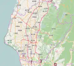 Mapa konturowa Tainan, na dole nieco na lewo znajduje się punkt z opisem „Tainan”