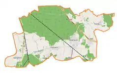 Mapa konturowa gminy Tarnów Opolski, na dole nieco na lewo znajduje się punkt z opisem „Miedziana”