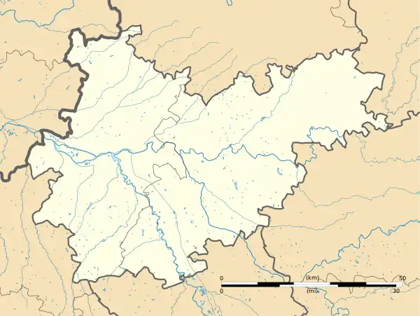 Mapa konturowa Tarn i Garonny, blisko centrum na prawo u góry znajduje się punkt z opisem „Monteils”