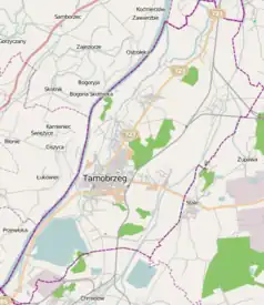 Mapa konturowa Tarnobrzega, blisko centrum na dole znajduje się punkt z opisem „Tarnobrzeg”