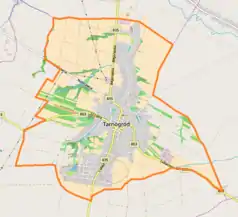 Mapa konturowa Tarnogrodu, w centrum znajduje się punkt z opisem „Kościół Przemienienia Pańskiegow Tarnogrodzie”