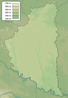 Mapa konturowa obwodu tarnopolskiego, na dole znajduje się punkt z opisem „źródło”, natomiast blisko dolnej krawiędzi nieco na prawo znajduje się punkt z opisem „ujście”