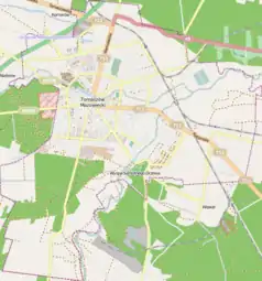 Mapa konturowa Tomaszowa Mazowieckiego, w centrum znajduje się punkt z opisem „Arena Lodowa Tomaszów Mazowiecki”