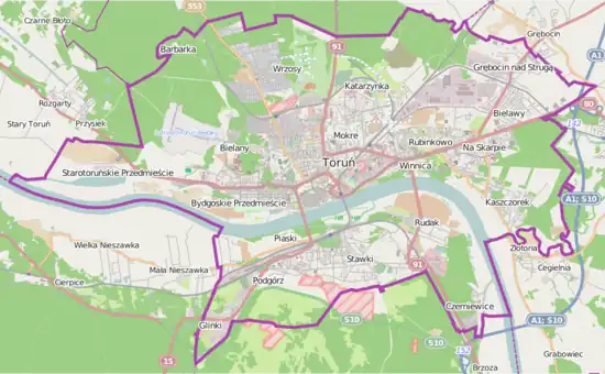 Mapa konturowa Torunia, w centrum znajduje się punkt z opisem „Arena Toruń”