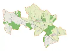 Mapa konturowa gminy Toszek, blisko lewej krawiędzi u góry znajduje się punkt z opisem „Skały”