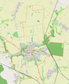 Mapa konturowa Toszka, blisko centrum po lewej na dole znajduje się punkt z opisem „Parafiaśw. Katarzyny Aleksandryjskiej”