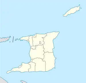 Mapa konturowa Trynidadu i Tobago, w centrum znajduje się punkt z opisem „Sangre Grande”