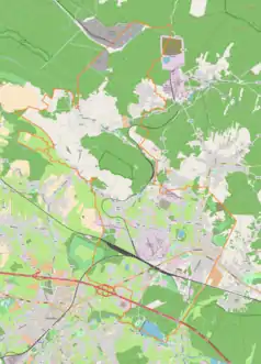 Mapa konturowa Trzebini, blisko centrum na dole znajduje się punkt z opisem „Trzebinia”