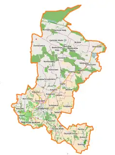 Mapa konturowa gminy Trzebnica, na dole nieco na lewo znajduje się punkt z opisem „Trzebnica”