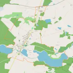 Mapa konturowa Tuczna, po lewej nieco na dole znajduje się ikonka zamku z wieżą z opisem „Zamek w Tucznie”