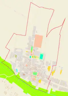 Mapa konturowa Turobina, na dole nieco na lewo znajduje się punkt z opisem „Kościół św. Dominika”