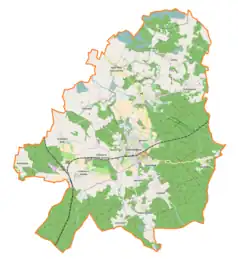 Mapa konturowa gminy Twardogóra, u góry nieco na prawo znajduje się punkt z opisem „Zakrzów”