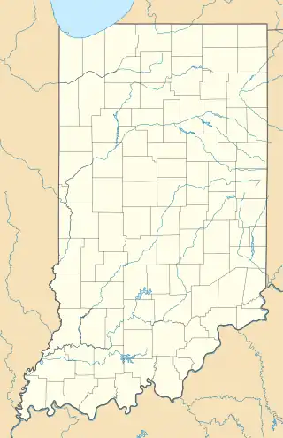 Mapa konturowa Indiany, blisko górnej krawiędzi znajduje się punkt z opisem „University of Notre Dame”