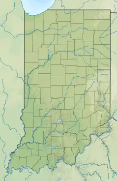 Mapa konturowa Indiany, blisko prawej krawiędzi znajduje się punkt z opisem „źródło”, natomiast na dole po lewej znajduje się punkt z opisem „ujście”