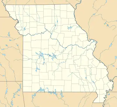 Mapa konturowa Missouri, na dole po prawej znajduje się punkt z opisem „Ellsinore”