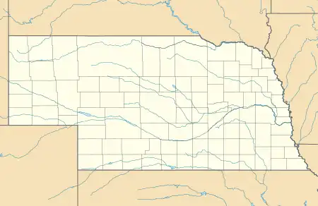 Mapa konturowa Nebraski, blisko prawej krawiędzi znajduje się punkt z opisem „Omaha”