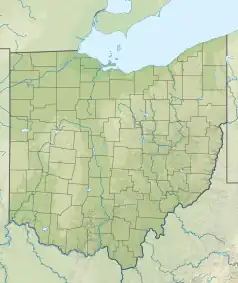 Mapa konturowa Ohio, u góry po prawej znajduje się punkt z opisem „źródło”, natomiast u góry nieco na prawo znajduje się punkt z opisem „ujście”