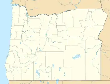 Mapa konturowa Oregonu, u góry po lewej znajduje się punkt z opisem „Mill Ends Park”