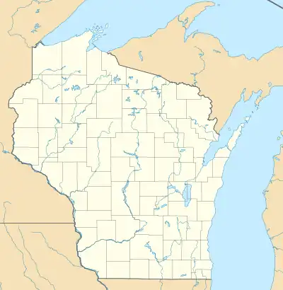 Mapa konturowa Wisconsin, po prawej nieco na dole znajduje się punkt z opisem „Manitowoc”