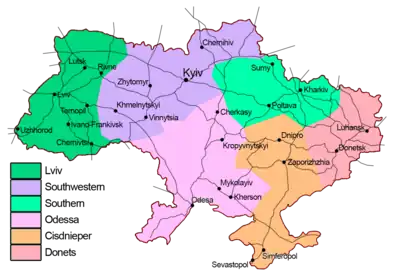 Mapa regionalnego podziału Kolei Ukraińskich