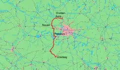 Mapa przebiegu linii kolejowej 6511 Jüterbog–Beelitz Stadt6115 Beelitz Stadt–Golm6068 Golm–Priort6105 Priort–Nauen