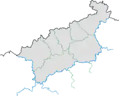 Mapa konturowa kraju usteckiego, blisko prawej krawędzi u góry znajduje się punkt z opisem „Varnsdorf”