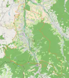 Mapa konturowa Ustronia, po lewej nieco u góry znajduje się punkt z opisem „Hermanice”