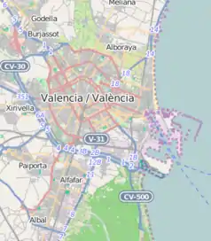 Mapa konturowa Walencji, u góry znajduje się punkt z opisem „Acadèmia Valenciana de la Llengua”