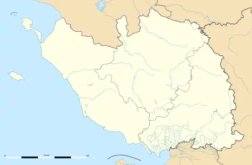 Mapa konturowa Wandei, w centrum znajduje się punkt z opisem „Saint-Florent-des-Bois”