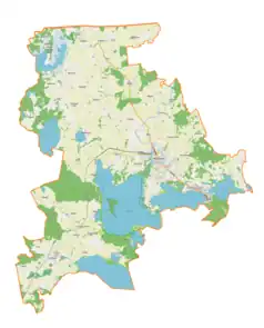 Mapa konturowa gminy Węgorzewo, w centrum znajduje się punkt z opisem „początek”, poniżej na lewo znajduje się również punkt z opisem „koniec”