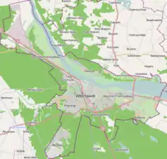 Mapa konturowa Włocławka, blisko centrum na lewo znajduje się punkt z opisem „Lądowisko Włocławek-Szpital”