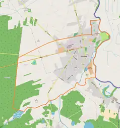 Mapa konturowa Włodawy, po prawej znajduje się punkt z opisem „Parafia św. Ludwika we Włodawie”