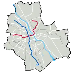 Mapa konturowa Warszawy, u góry po lewej znajduje się punkt z opisem „Młociny”