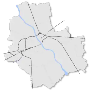 Mapa konturowa Warszawy, u góry nieco na lewo znajduje się punkt z opisem „Warszawa Żerań”