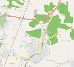 Mapa konturowa Wasilkowa, u góry po prawej znajduje się punkt z opisem „Parafia pw. Matki Bożej Bolesnej w Wasilkowie”