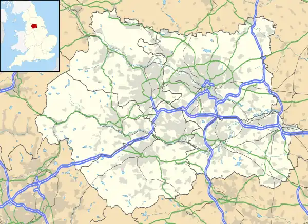 Mapa konturowa West Yorkshire, na dole znajduje się punkt z opisem „Thurstonland”