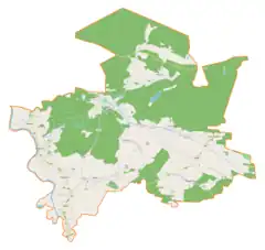 Mapa konturowa gminy Wiązownica, po lewej nieco na dole znajduje się punkt z opisem „Wiązownica”