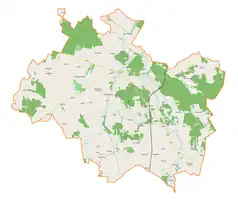 Mapa konturowa gminy Widawa, blisko centrum na prawo znajduje się punkt z opisem „Ruda”