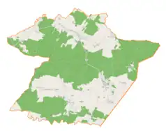 Mapa konturowa gminy Wielkie Oczy, u góry znajduje się punkt z opisem „Parafia rzymskokatolicka w Łukawcu”