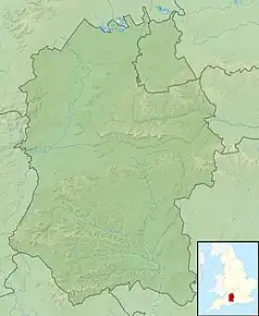 Mapa konturowa Wiltshire, blisko dolnej krawiędzi po lewej znajduje się punkt z opisem „źródło”, natomiast na dole znajduje się punkt z opisem „ujście”