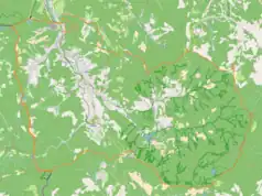 Mapa konturowa miasta Wisła, u góry po lewej znajduje się punkt z opisem „Pałacyk Myśliwski Habsburgów”