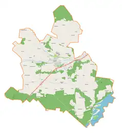 Mapa konturowa gminy Wolbórz, na dole po lewej znajduje się punkt z opisem „Dęby”