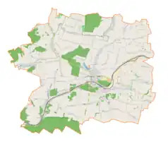 Mapa konturowa gminy Wolbrom, w centrum znajduje się punkt z opisem „Kościół św. Katarzyny Aleksandryjskiej Dziewicyi Męczennicy”