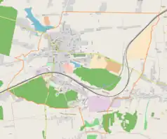 Mapa konturowa Wolbromia, blisko centrum na lewo u góry znajduje się punkt z opisem „Kościół św. Katarzyny Aleksandryjskiej Dziewicyi Męczennicy”