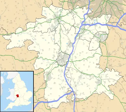 Mapa konturowa Worcestershire, po prawej nieco u góry znajduje się punkt z opisem „Hunt End”