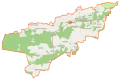 Mapa konturowa gminy Wyśmierzyce, blisko centrum na dole znajduje się punkt z opisem „Olszowa”