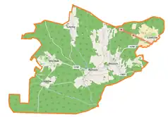 Mapa konturowa gminy Wymiarki, blisko centrum na dole znajduje się punkt z opisem „Wymiarki”