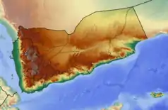 Mapa konturowa Jemenu, blisko dolnej krawiędzi po prawej znajduje się punkt z opisem „Samha”