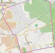 Mapa konturowa Ząbek, blisko centrum na lewo u góry znajduje się punkt z opisem „Parafia Miłosierdzia Bożego”