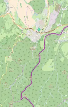 Mapa konturowa Złotego Stoku, blisko prawej krawiędzi nieco u góry znajduje się punkt z opisem „Przejście graniczneZłoty Stok-Bílá Voda”